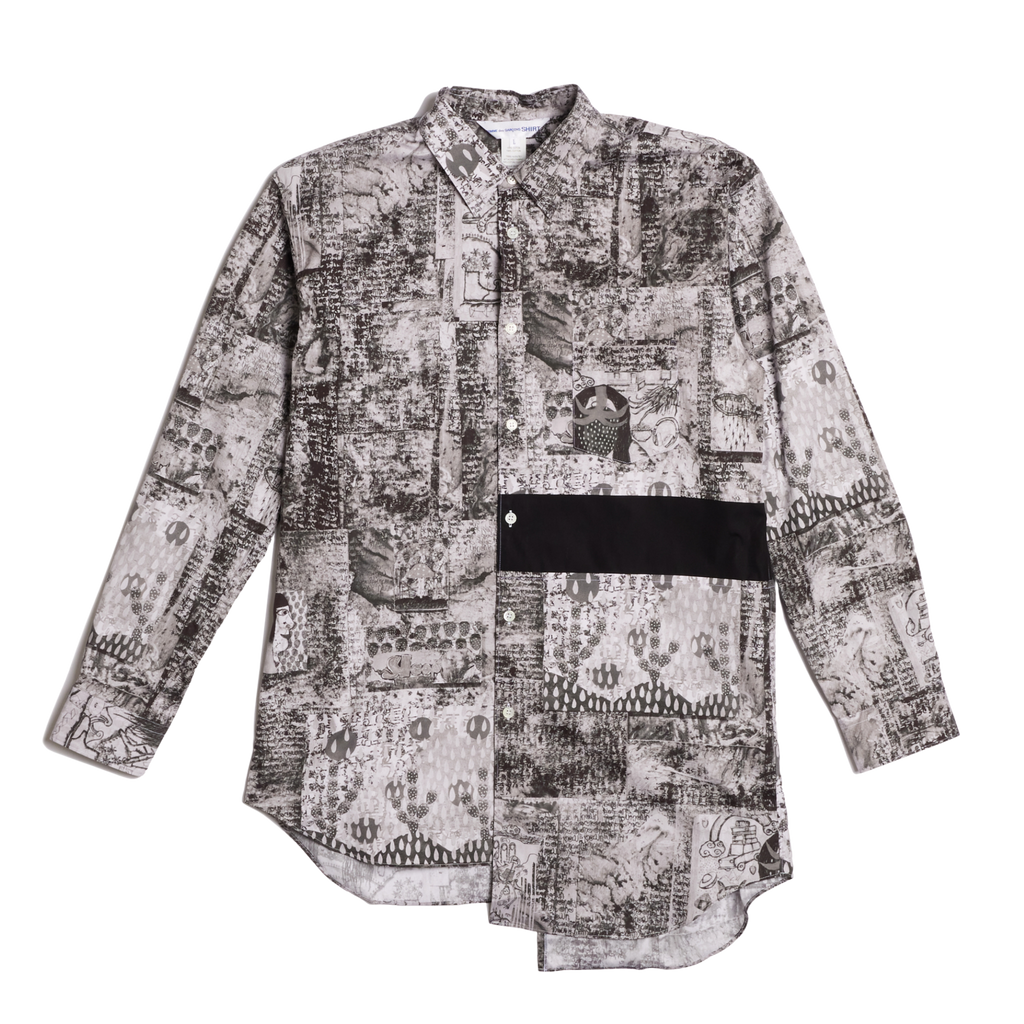 COMME des GARÇONS Men's Woven Graphic Print Asymmetrical Long-Sleeve Shirt