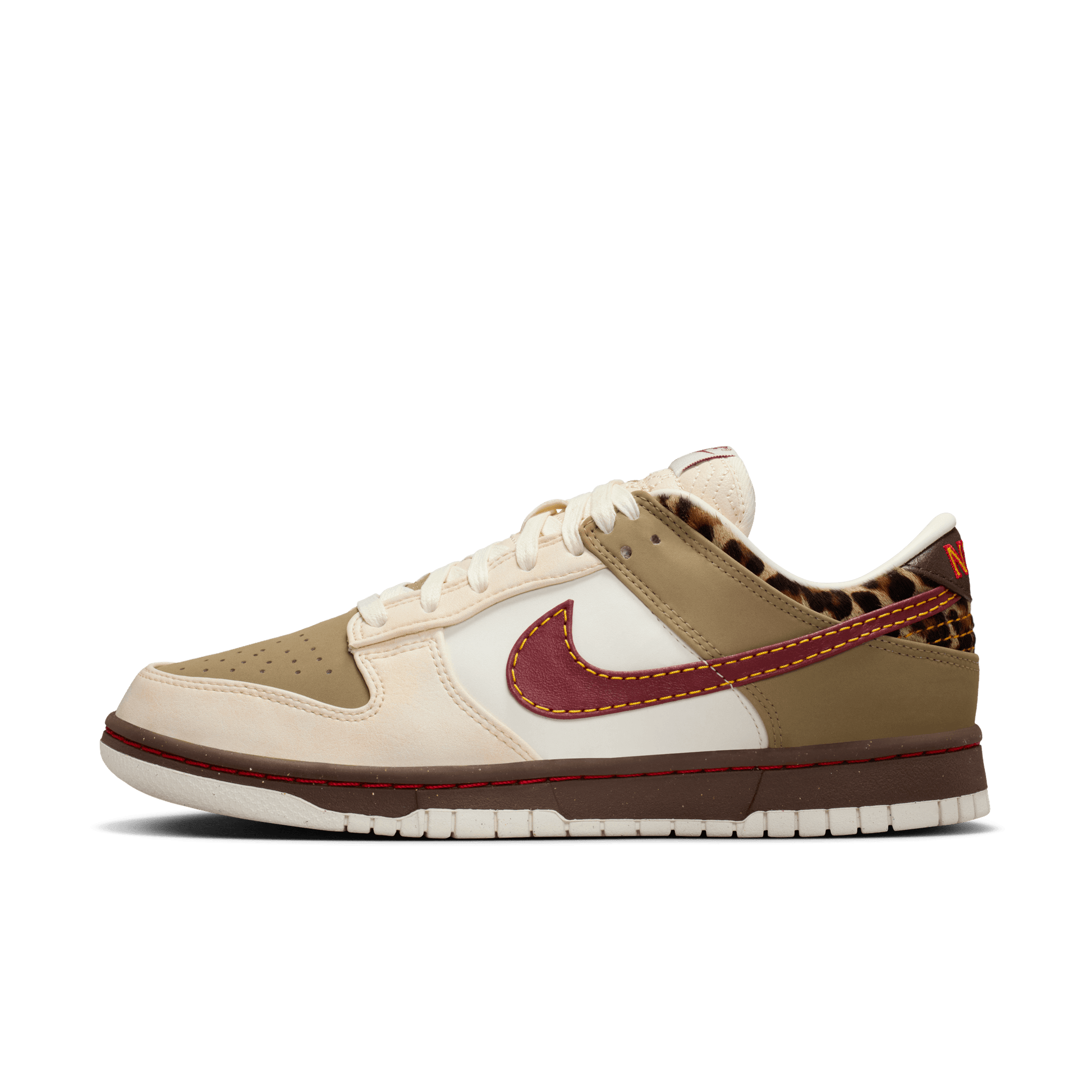 Women's Nike Dunk Low "Khaki Leopard" - Khaki/Team Red/Baroque Brown/Pearl White