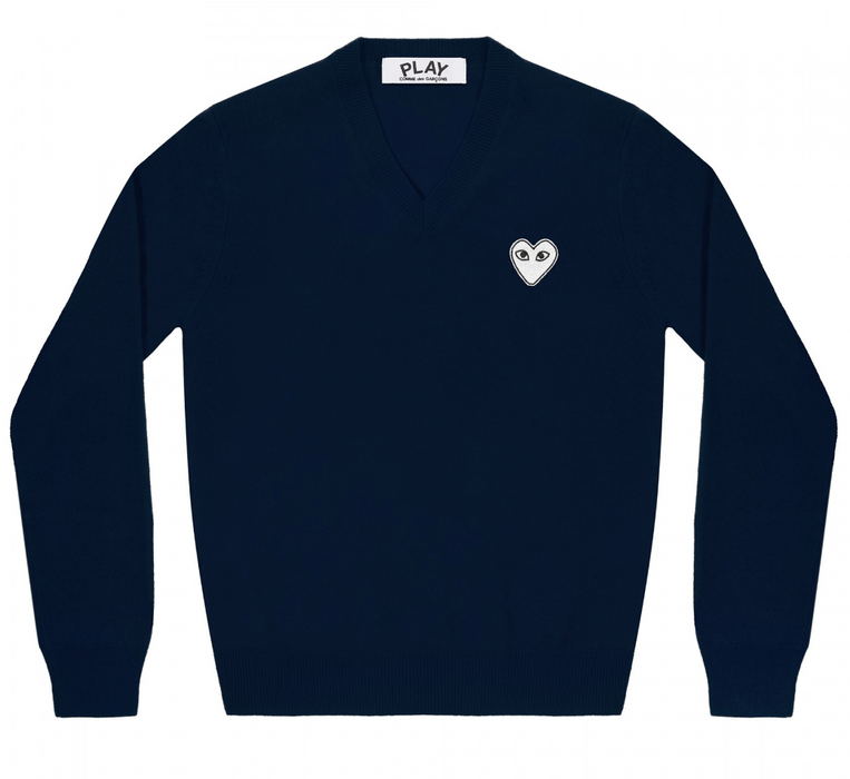 Men's COMME des GARÇONS PLAY White Heart V-Neck Sweater (Wool) - Navy